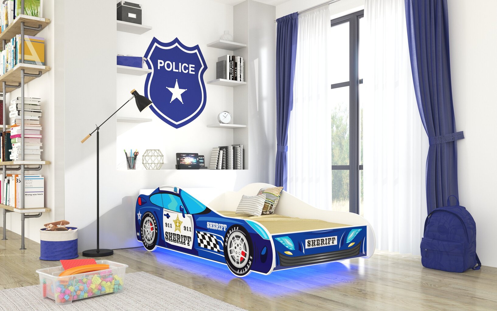Lasten sänky ADRK Furniture LED Sheriff, 80x160 cm, sininen hinta ja tiedot | Lastensängyt | hobbyhall.fi