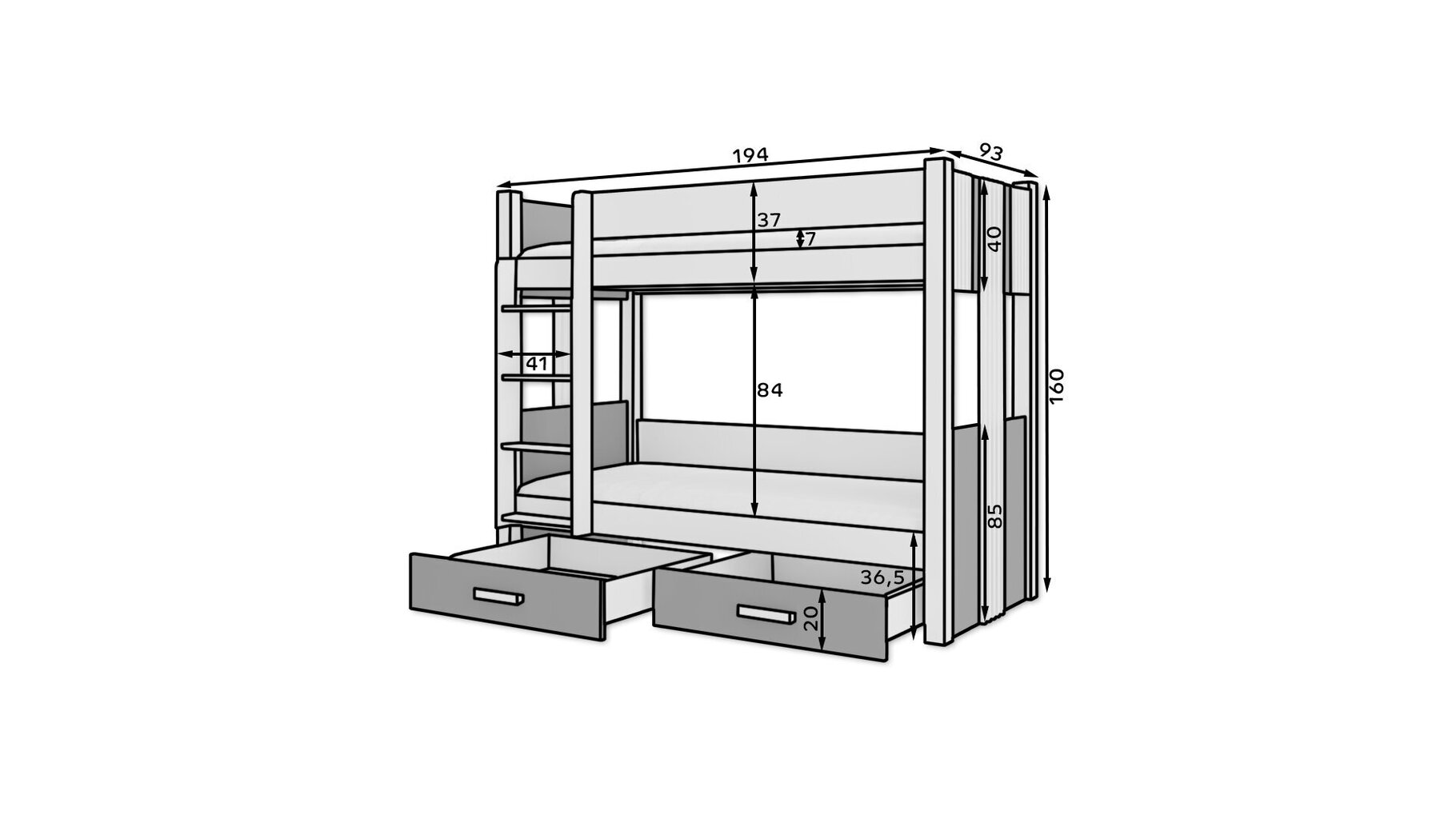 Kerrossänky Adrk Furniture Arta patjalla, 80x180 cm, valkoinen/harmaa hinta ja tiedot | Lastensängyt | hobbyhall.fi