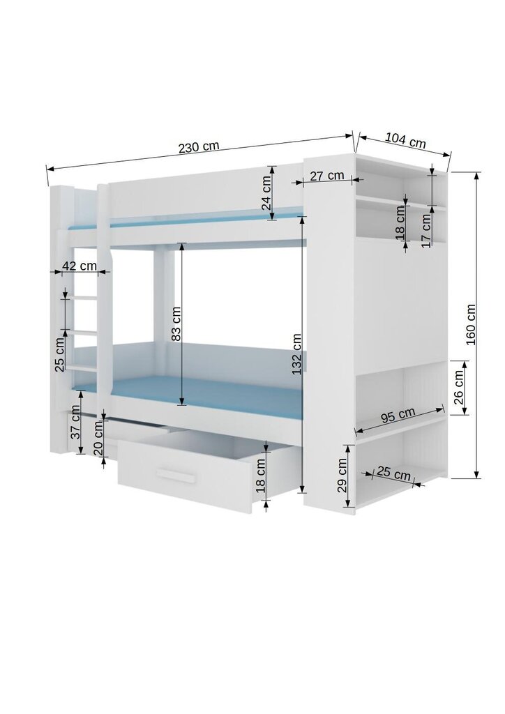 Kerrossänky ADRK Furniture Garet, 90x200 cm, valkoinen/harmaa hinta ja tiedot | Lastensängyt | hobbyhall.fi