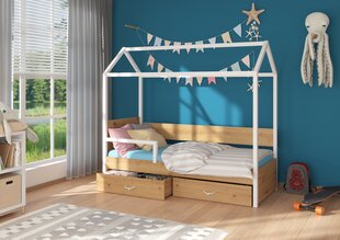 Lasten sänky turvalaidalla ja patjalla ADRK Furniture Otello 90x200 cm, valkoinen/ruskea hinta ja tiedot | Lastensängyt | hobbyhall.fi