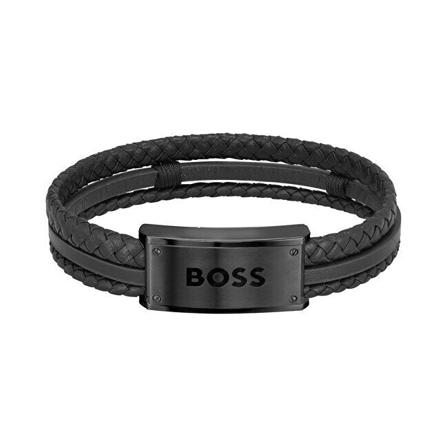 Hugo Boss Tyylikäs musta nahkaranneke 1580425 sHB0099 hinta ja tiedot | Miesten korut | hobbyhall.fi