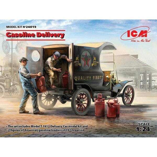 Kokoonpantava malli ICM 24019 Gasoline Delivery, Model T 1912 Delivery Car with American Gasoline Loaders 1/24