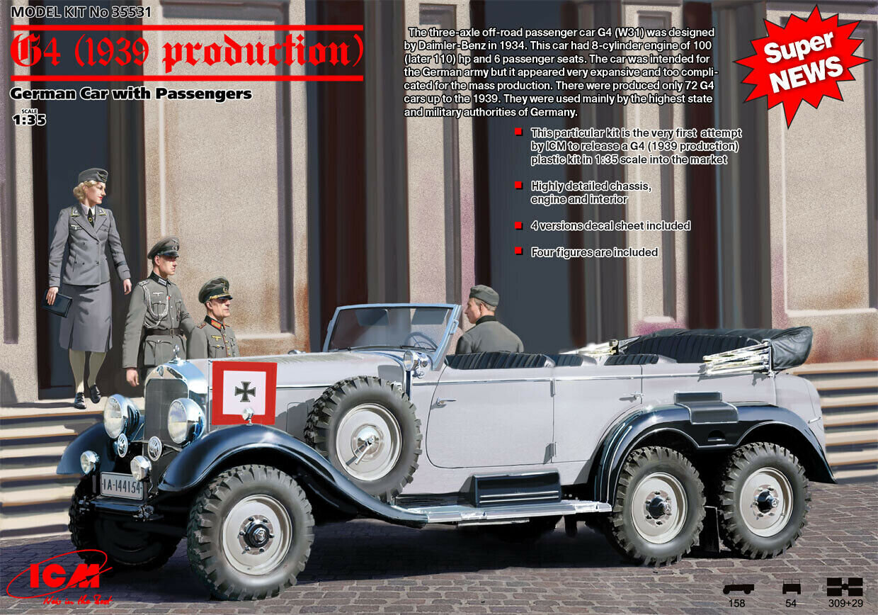 Kokoonpantava liimattava malli ICM 35531 G4 (1939 julkaisu), saksalainen auto matkustajineen (4 hahmoa) 1/35 hinta ja tiedot | Koottavat pienoismallit | hobbyhall.fi