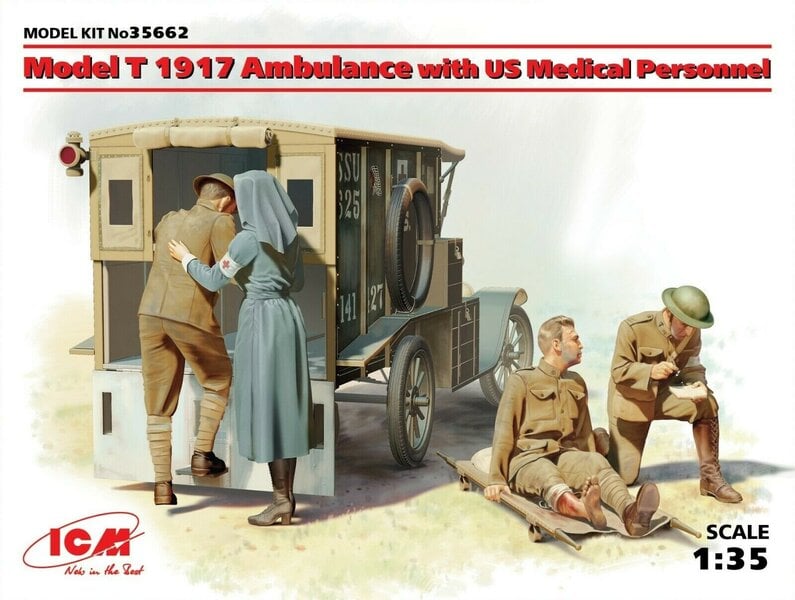 Kokoonpantava malli ICM 35662 Model T 1917 Ambulance with US Medical Personnel 1/35