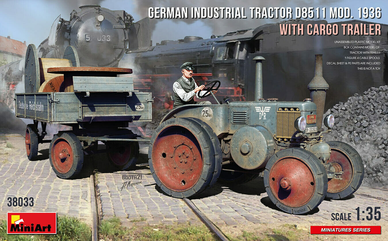Liimattava malli MiniArt 38033 German Industrial Tractor D8511 Mod. 1936 with Cargo Trailer (1 Figure) 1/35 hinta ja tiedot | Koottavat pienoismallit | hobbyhall.fi