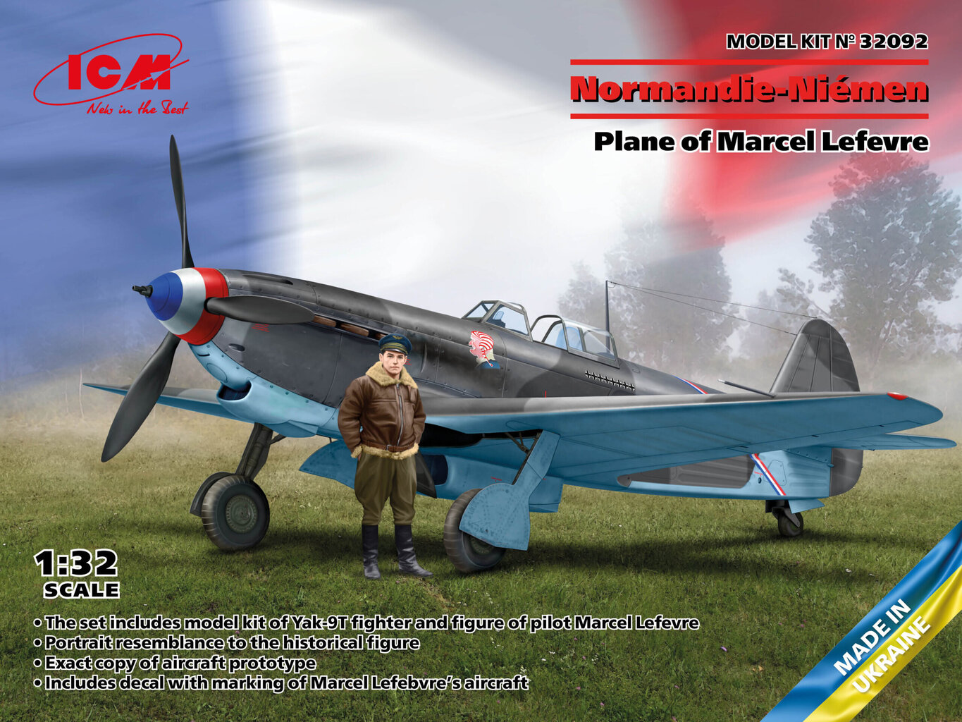 Liimattava malli ICM 32092 Normandie-Niemen Plane of Marcel Lefevre Yak-9T with Figure 1/32 hinta ja tiedot | Koottavat pienoismallit | hobbyhall.fi