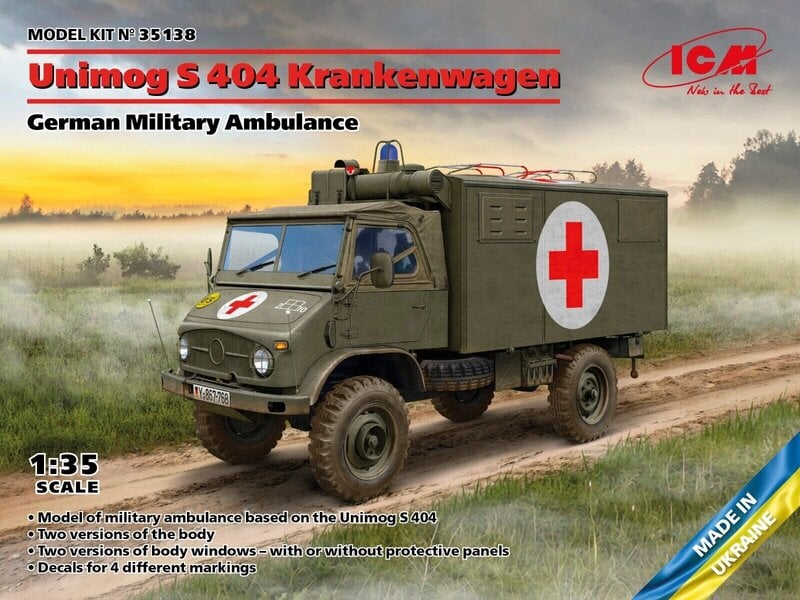 Liimattava malli ICM 35138 German Military Ambulance Unimog S 404 Krankenwagen 1/35