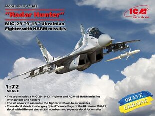 Liimattava malli ICM 72143 Ukrainian Fighter with HARM missiles MiG-29 "9-13" Radar Hunter 1/72 hinta ja tiedot | Koottavat pienoismallit | hobbyhall.fi