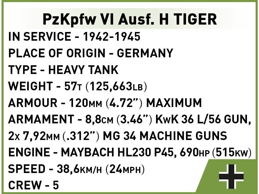 Rakennussetti panssarivaunu Cobi PzKpfw VI Tiger 131, 1/48, 2710 hinta ja tiedot | LEGOT ja rakennuslelut | hobbyhall.fi