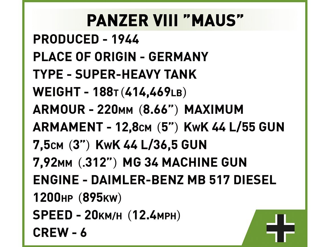 Rakennussetti panssarivaunu Cobi Panzer VIII Maus, 1/28, 2559 hinta ja tiedot | LEGOT ja rakennuslelut | hobbyhall.fi