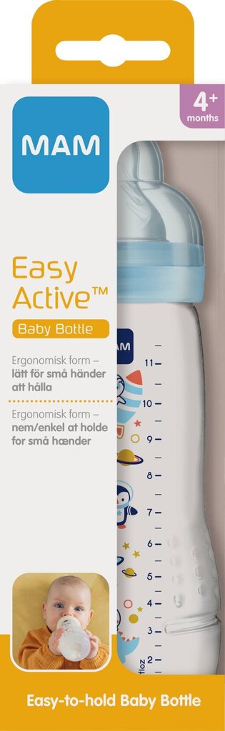 MAM -pullo Easy Active, 4 kuukautta +, 330 ml, sininen hinta ja tiedot | Tuttipullot ja tarvikkeet | hobbyhall.fi