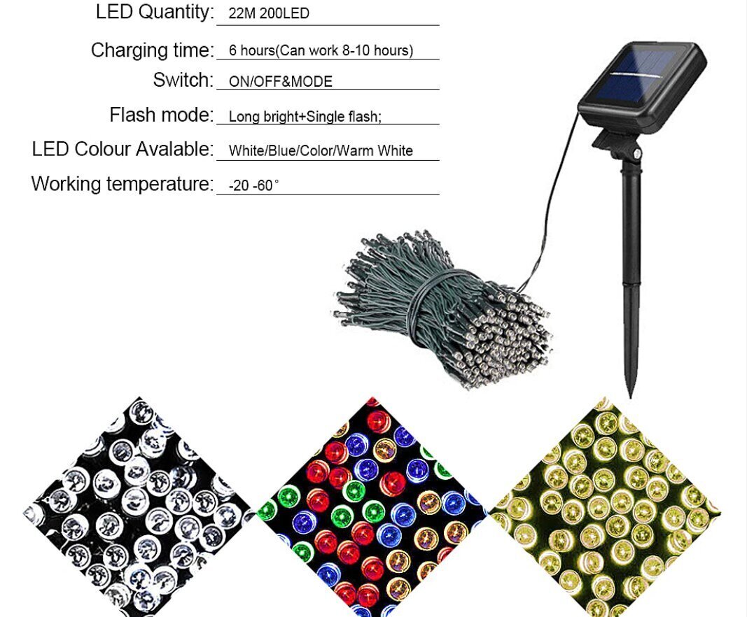 Ulkovalosarja aurinkopaneelilla 200 LED, 22 m hinta ja tiedot | Jouluvalot | hobbyhall.fi