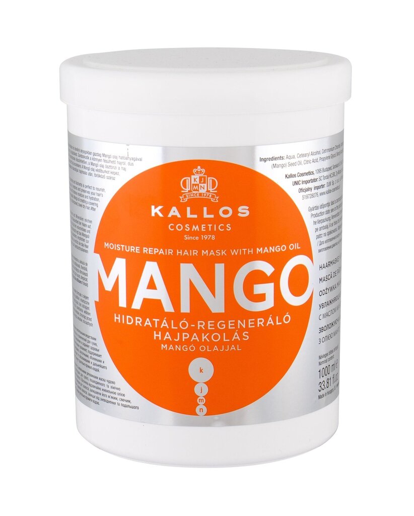 Virkistävä hiusnaamio mangoöljyllä KALLOS Cosmetics Mango Hair Mask Mango Oil 1000 ml hinta ja tiedot | Naamiot, öljyt ja seerumit | hobbyhall.fi