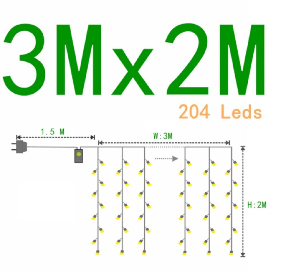 Garlianda - verho 204 LED 3x2 m, keltainen hinta ja tiedot | Jouluvalot | hobbyhall.fi