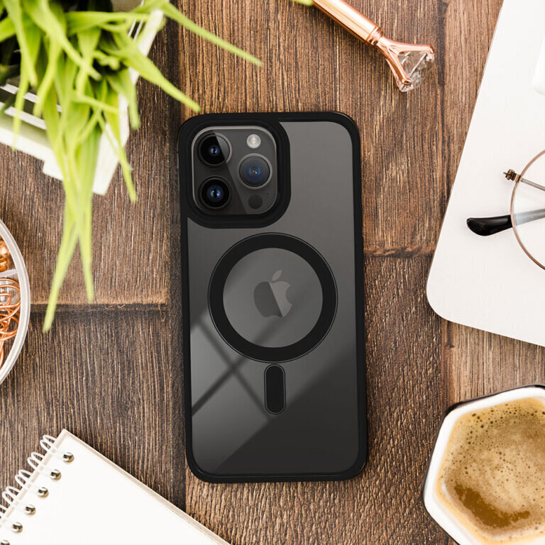 iPhone 15 Pro Max (6,7″) suojakuori MagSafe-magneeteilla (läpinäkyvä) - Musta hinta ja tiedot | Puhelimen kuoret ja kotelot | hobbyhall.fi