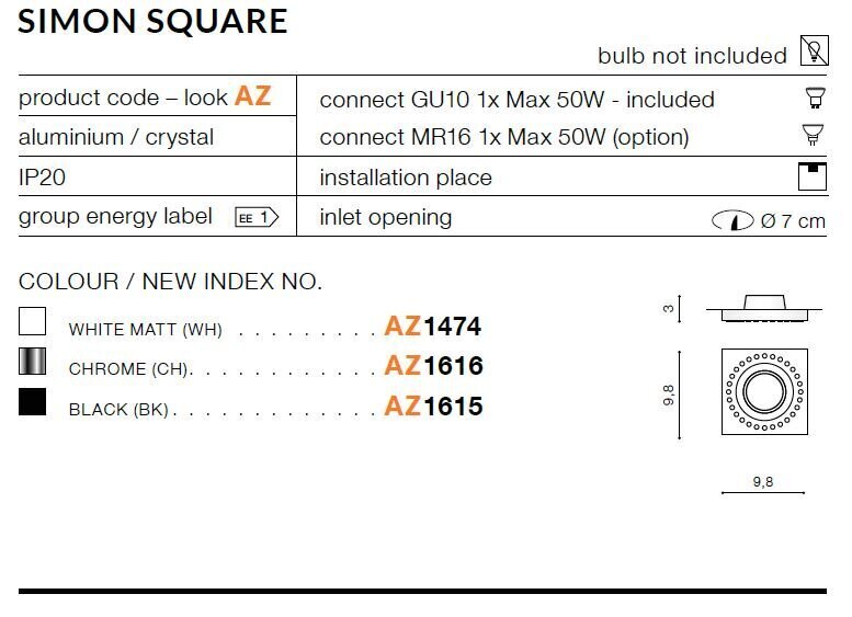 Sisäänrakennettu valaisin Azzardo Simon Square White hinta ja tiedot | Upotettavat valaisimet ja LED-valaisimet | hobbyhall.fi