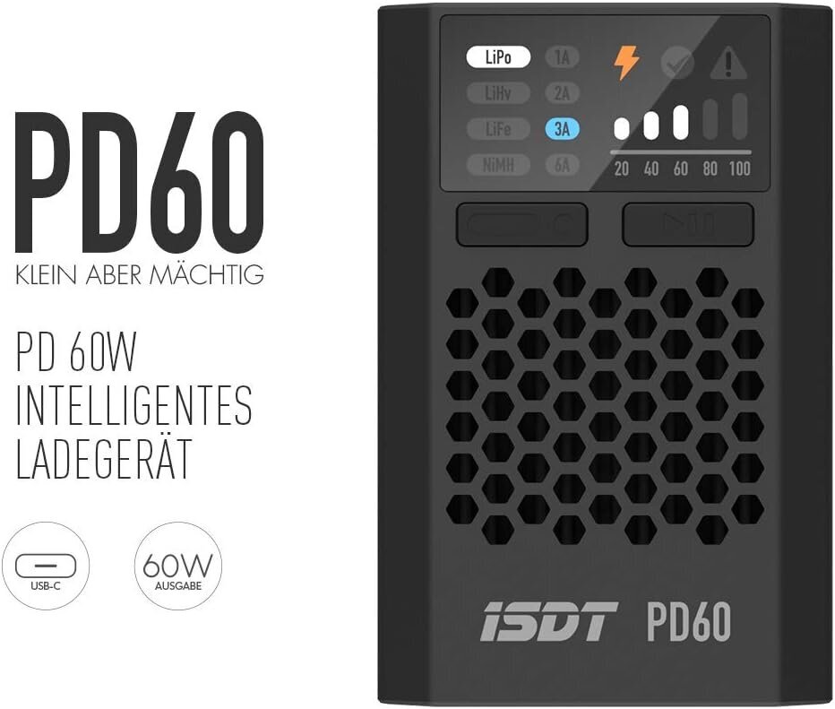 ISDT Balance Lipo -laturi PD60, 60 W, 6 A, tyypin C tulolla, kannettava laturi 1-4S Lipo / Life / Lilon, 1-12S LiHv / Pb / NiMH hinta ja tiedot | Auton akkulaturit | hobbyhall.fi