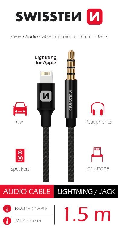 Swissten Textile Audio Adapter Lightning / 3,5 mm / 1.5m hinta ja tiedot | Kaapelit ja adapterit | hobbyhall.fi