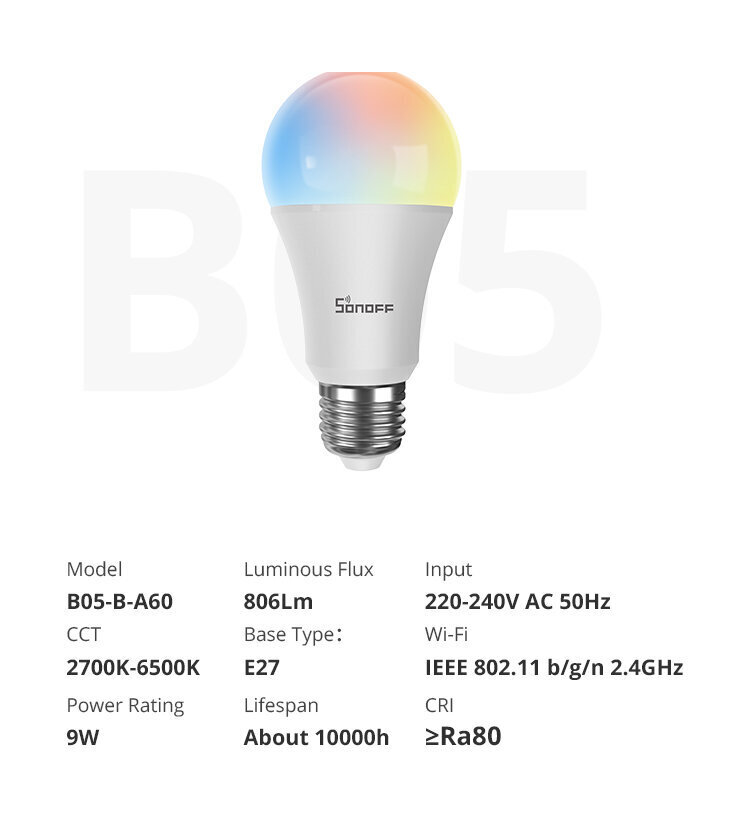 Älykäs LED-lamppu SONOFF B05-B-A60 Wi-Fi hinta ja tiedot | Lamput | hobbyhall.fi