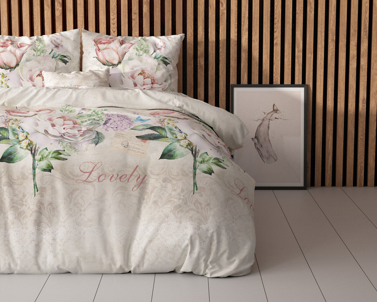 Vuodevaatteet setti Lovely Flower 200x220cm, kerma, puuvilla sekoitus hinta ja tiedot | Pussilakanat | hobbyhall.fi