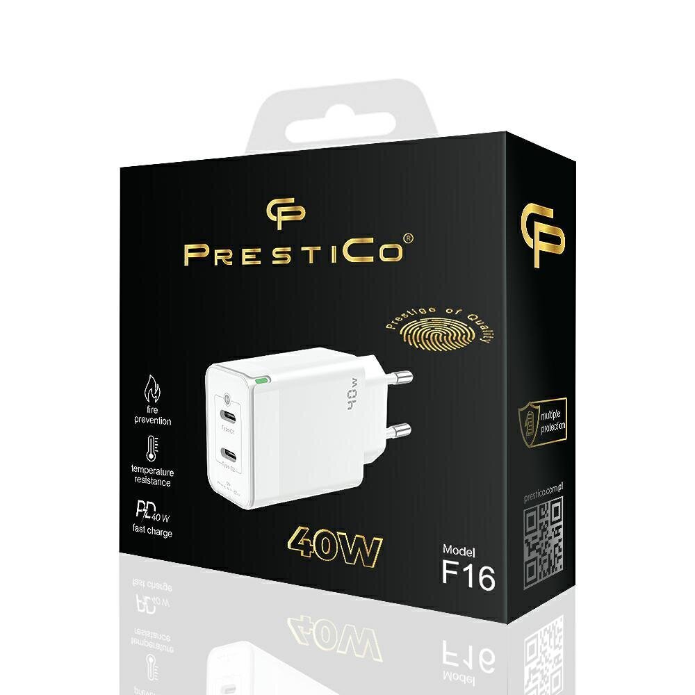 Prestico F16 Pikalataus 2xUSB-C 40W PD, valkoinen hinta ja tiedot | Puhelimen laturit | hobbyhall.fi