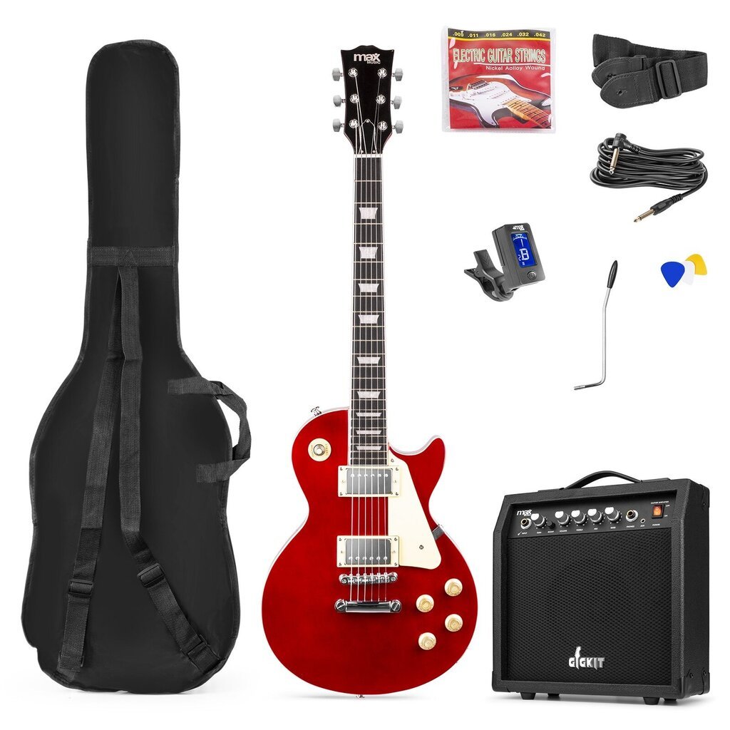 MAX GigKit Electric Guitar Pack LP Style Tummanpunainen hinta ja tiedot | Kitarat | hobbyhall.fi