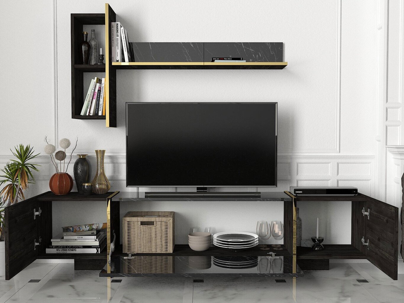 Tv-taso+seinähylly Kalune Design Veyron, musta/kulta hinta ja tiedot | TV- ja mediakalusteet | hobbyhall.fi