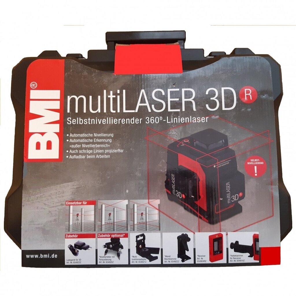 360° lineaarinen ristiviivalaser BMI 3D, punainen säde (setti vastaanottimella) hinta ja tiedot | Käsityökalut | hobbyhall.fi