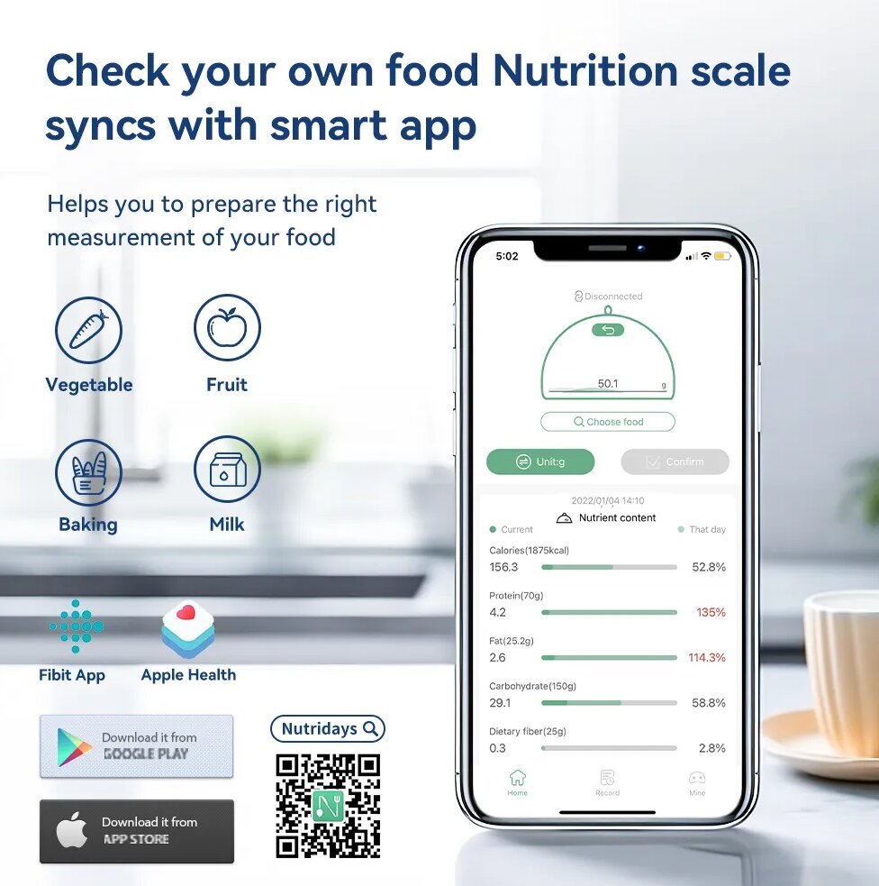 Älykäs keittiövaaka puhelinsovelluksella kalorien ja ravintoaineiden laskemiseen LIVMAN KP2048B hinta ja tiedot | Keittiövaa'at | hobbyhall.fi