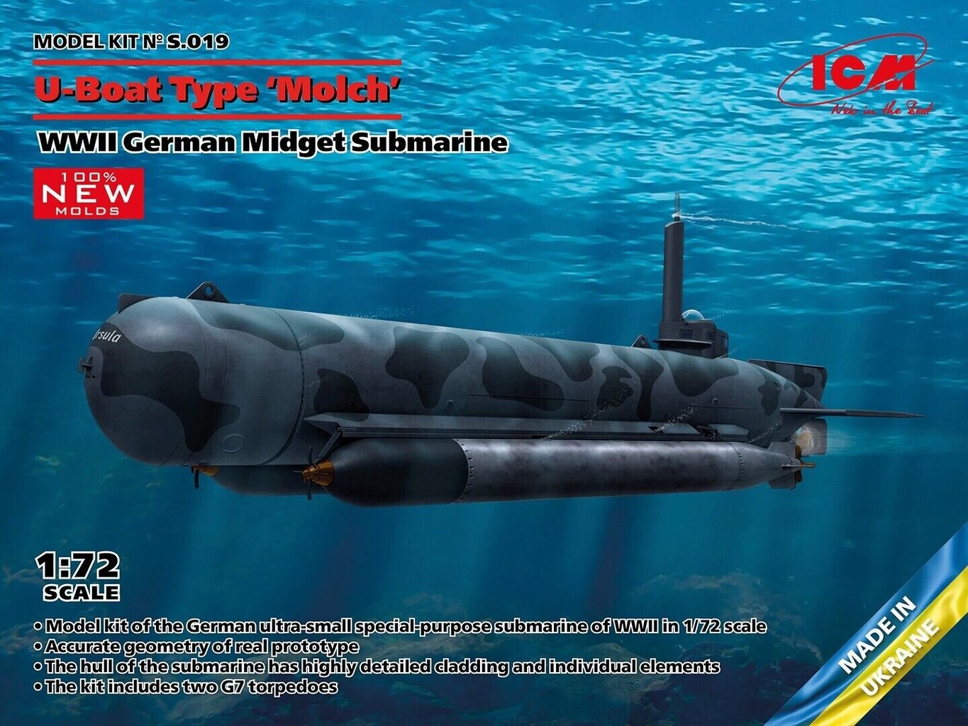 Liimattava malli ICM S019 WWII German Midget Submarine U-Boat Type Molch 1/72 hinta ja tiedot | Koottavat pienoismallit | hobbyhall.fi