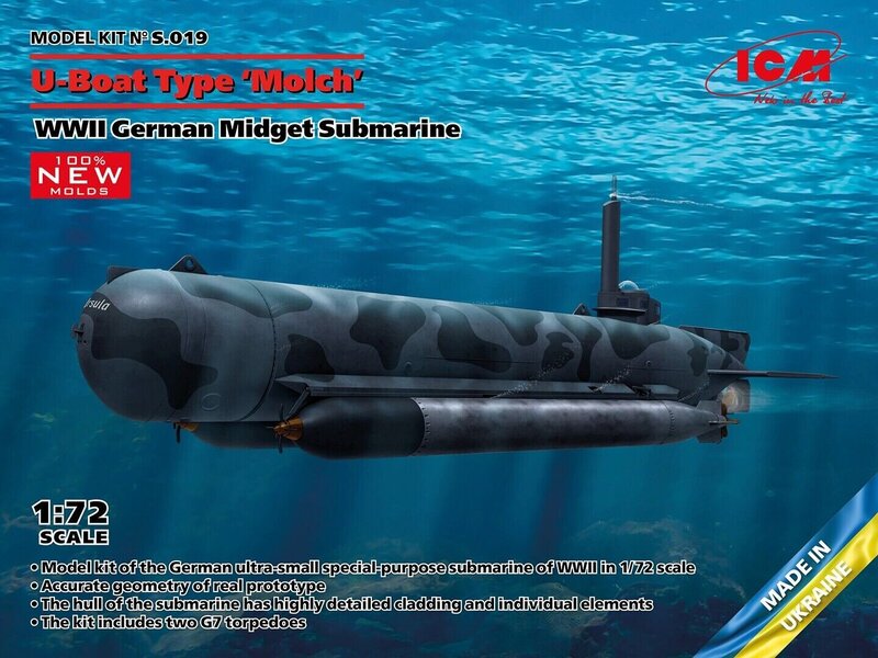 Liimattava malli ICM S019 WWII German Midget Submarine U-Boat Type Molch 1/72