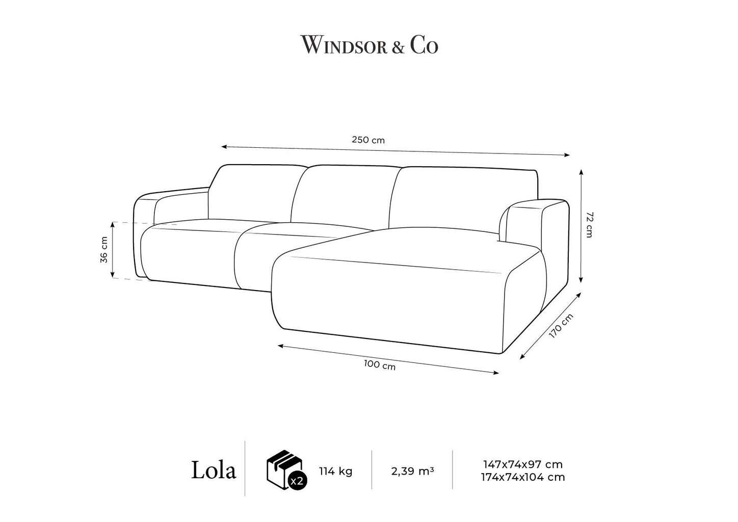Oikeanpuoleinen sohva Windsor & Co. Lola, 250x170x72 cm, vaaleanharmaa hinta ja tiedot | Kulmasohvat ja divaanisohvat | hobbyhall.fi