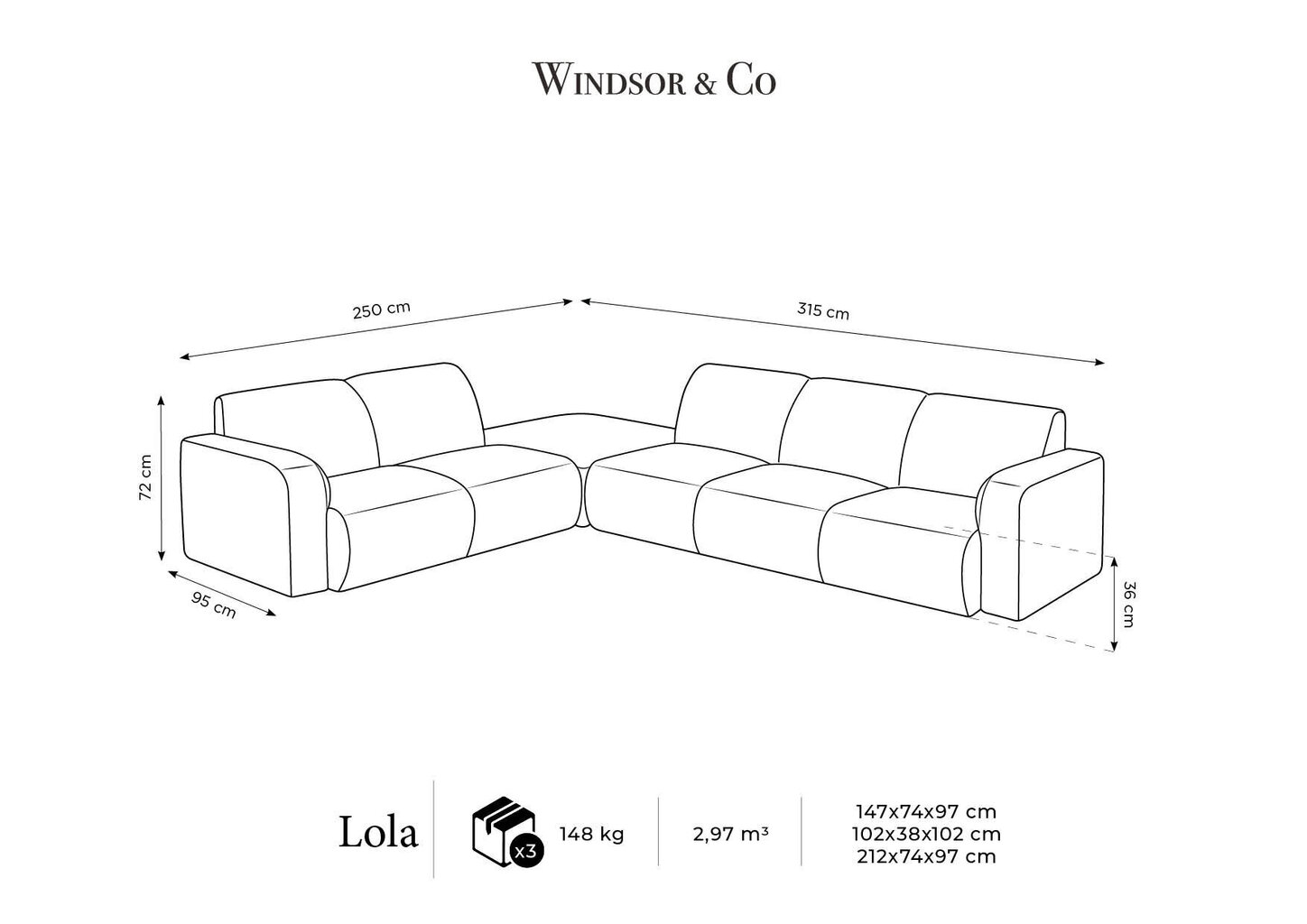 Kuuden istuttava kulmasohva Windsor & Co Lola vasemmalla kulmalla, 315x250x72 cm, tummanharmaa hinta ja tiedot | Kulmasohvat ja divaanisohvat | hobbyhall.fi