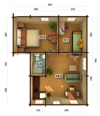 Mökki Emily 39,2m² 70 mm höylähirrestä, 2 makuuhuoneella, WC-llä ja olohuone-keittiöllä hinta ja tiedot | Piharakennukset | hobbyhall.fi
