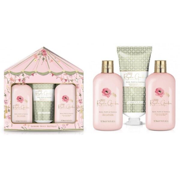 Kosmetiikkasetti Baylis & Harding Royale Garden Rose, Poppy & Vanilla Luxury Trio Bathing: suihkugeeli, 300 ml + suihkuvoide, 300 ml + vartalovoide, 200 ml