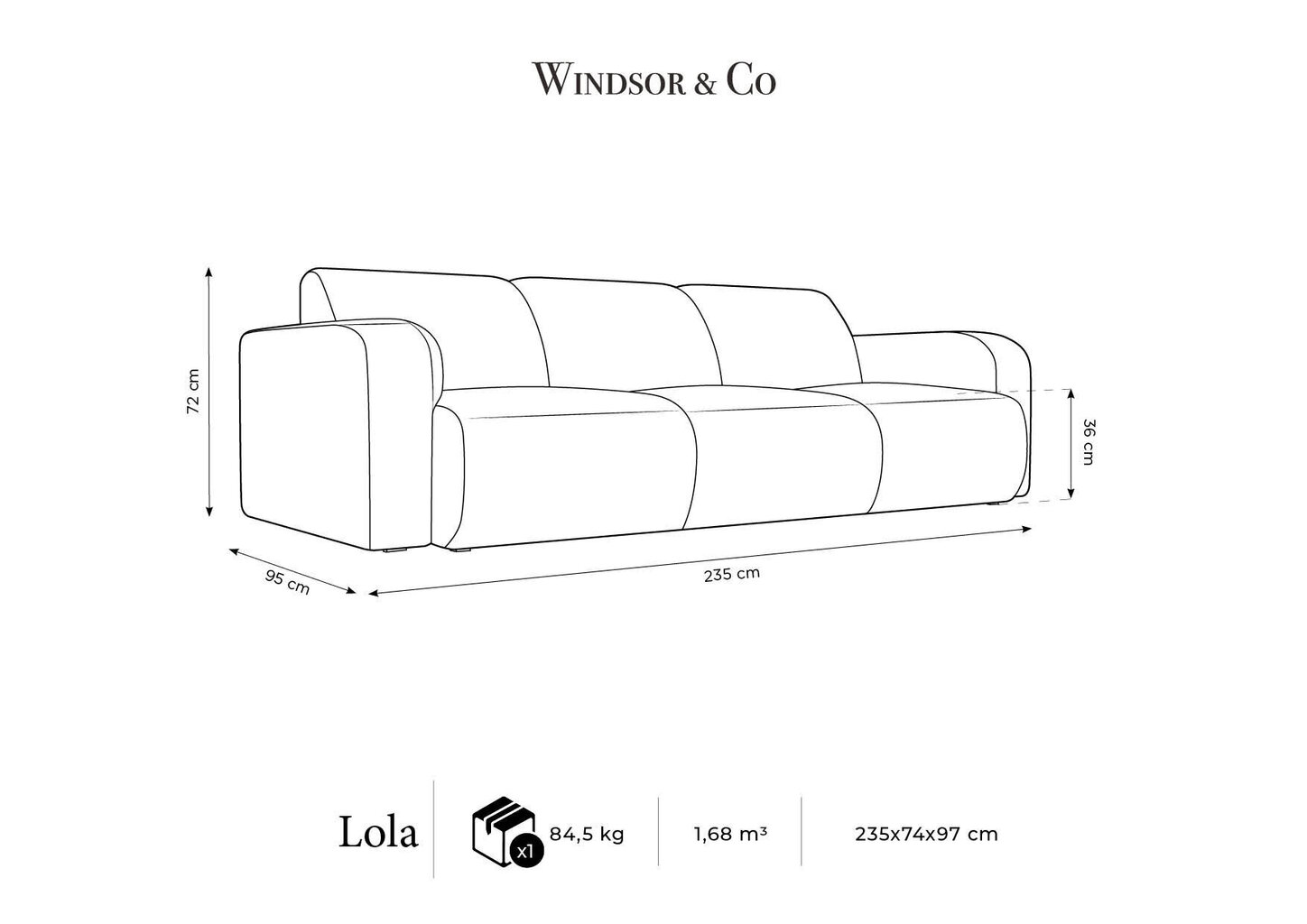 Windsor & Co. Lola kolmen istuttava sohva, 235x95x72 cm, tummanharmaa hinta ja tiedot | Sohvat ja vuodesohvat | hobbyhall.fi