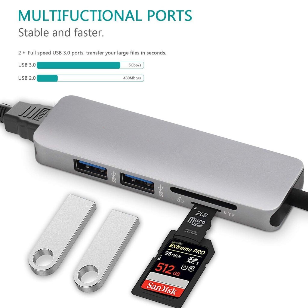 RoGer USB-C Hub 5in1 USB 3.0 x2 / HDMI / SD-kortinlukija / TF-kortinlukija hinta ja tiedot | Adapterit | hobbyhall.fi