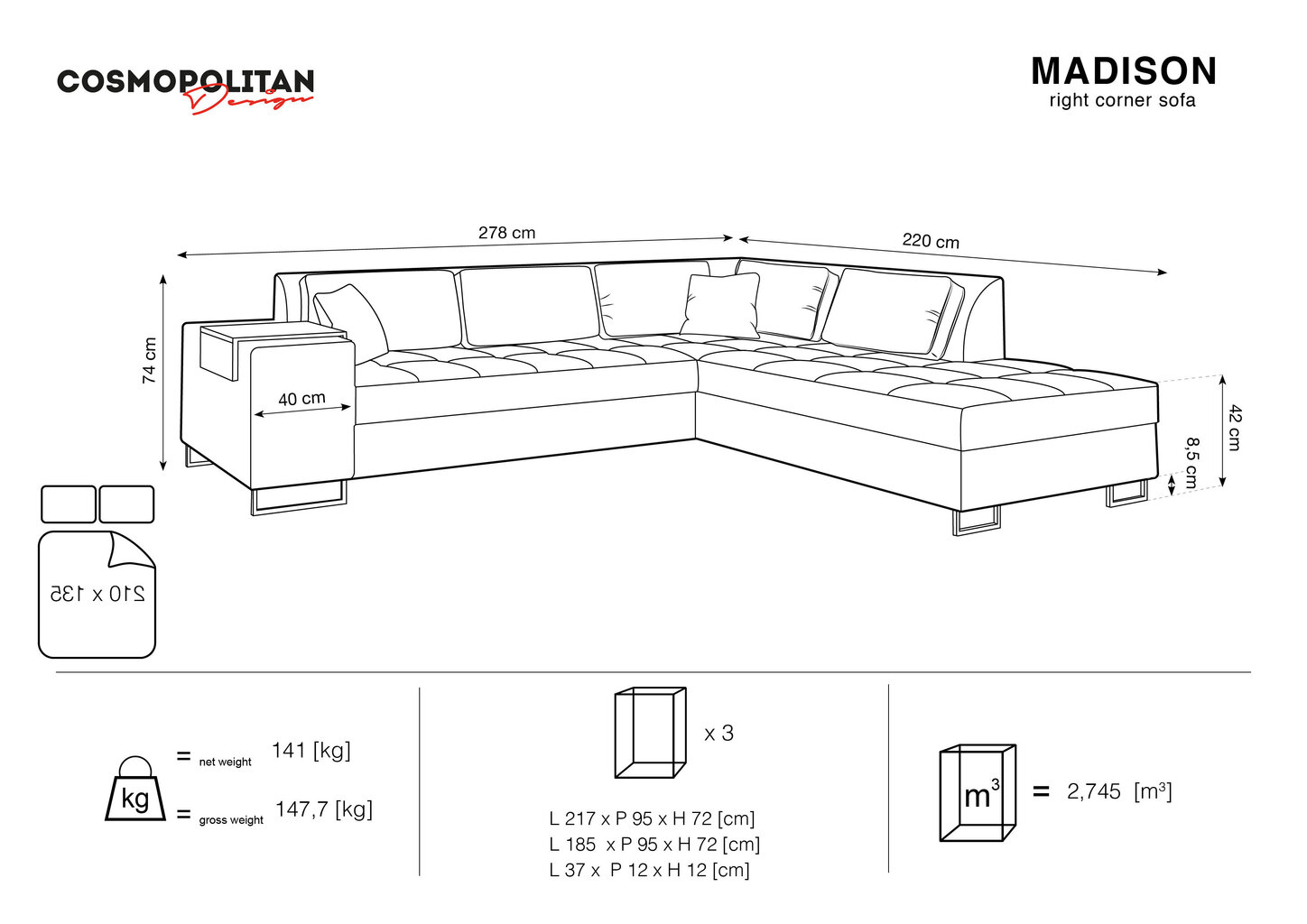 Pehmeä kulmasohva Cosmopolitan Design Madison, vaaleanharmaa hinta ja tiedot | Kulmasohvat ja divaanisohvat | hobbyhall.fi