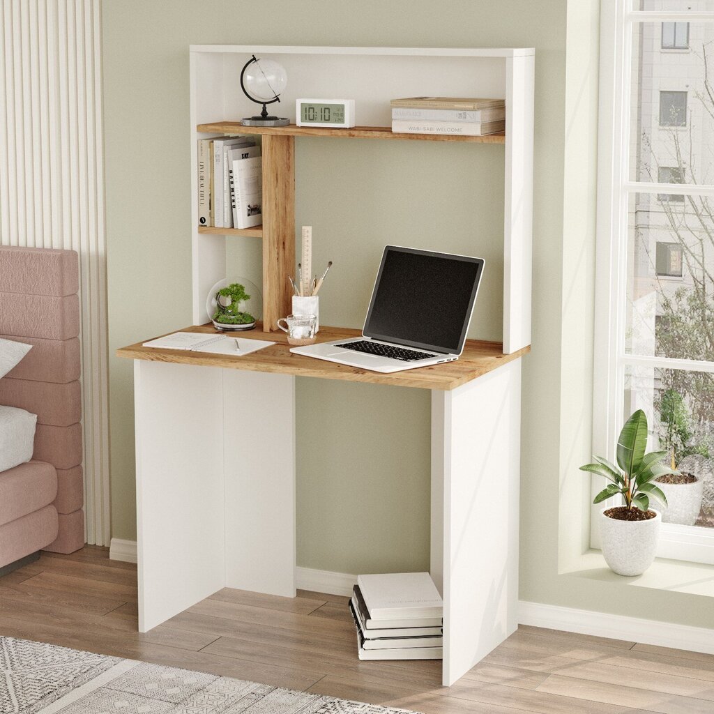 Pöytä Asir, 90x148,6x51,6cm, valkoinen ja beige hinta ja tiedot | Tietokonepöydät ja työpöydät | hobbyhall.fi
