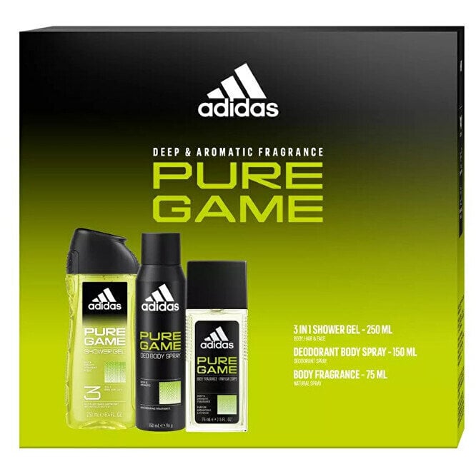 Lahjasetti miehille Adidas Pure Game: 75 ml deodorantti + 150 ml deodorantti + 250 ml suihkugeeli hinta ja tiedot | Deodorantit | hobbyhall.fi