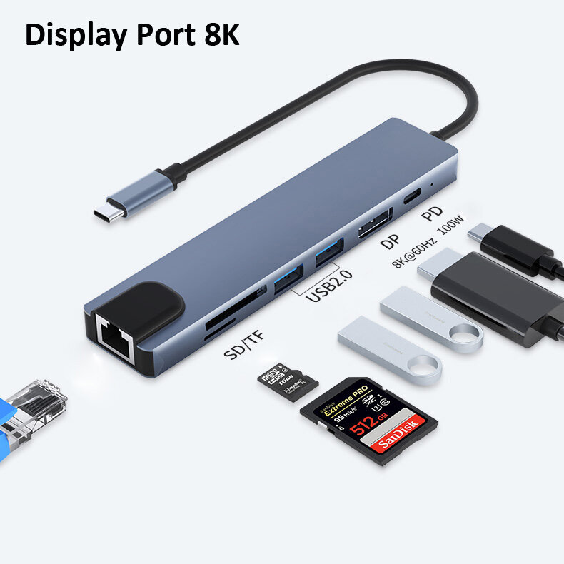 Adapteri 8in1 USB-C DisplayPort Zenwire hinta ja tiedot | Adapterit | hobbyhall.fi