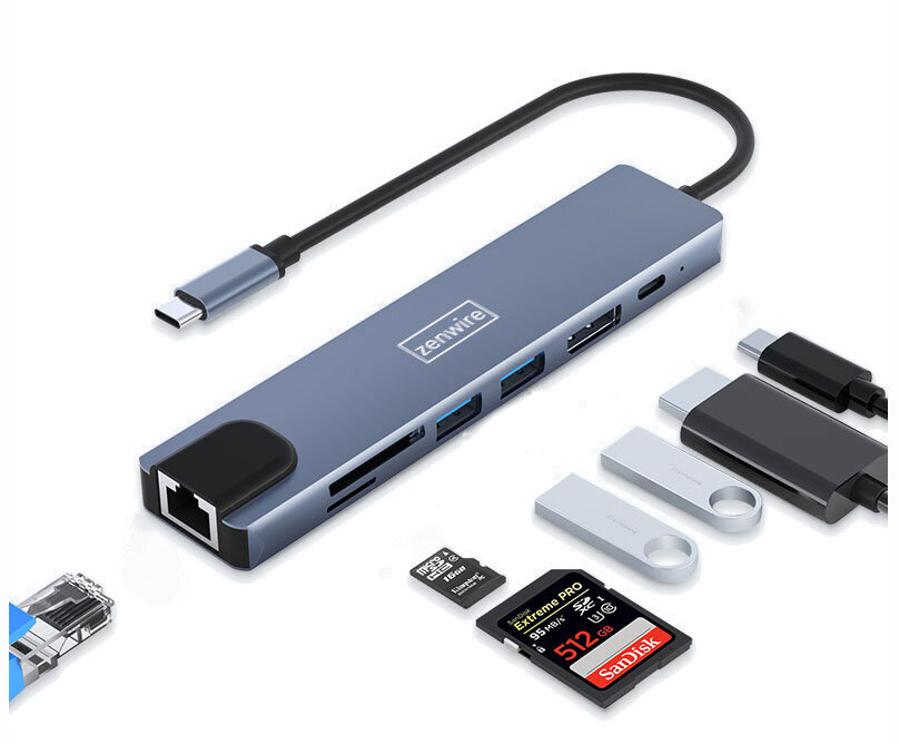 Adapteri 8in1 USB-C DisplayPort Zenwire hinta ja tiedot | Adapterit | hobbyhall.fi