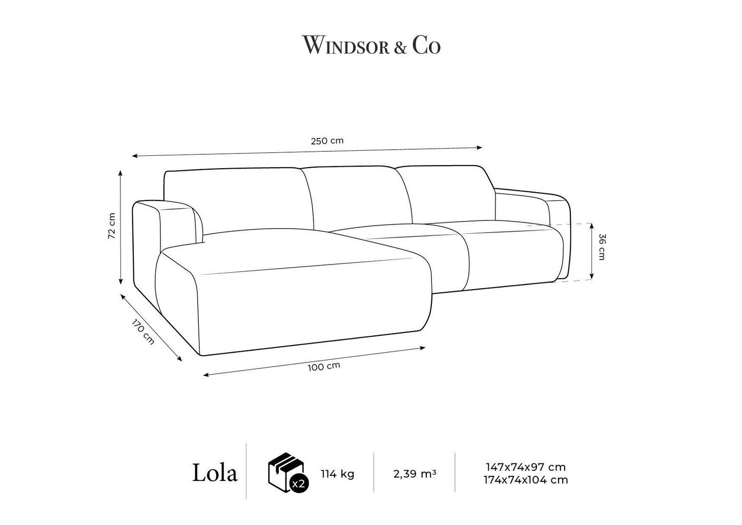 Windsor & Co Lola neljän istuttava divaanisohva, vasen, 250x170x72 cm, tummanharmaa hinta ja tiedot | Kulmasohvat ja divaanisohvat | hobbyhall.fi