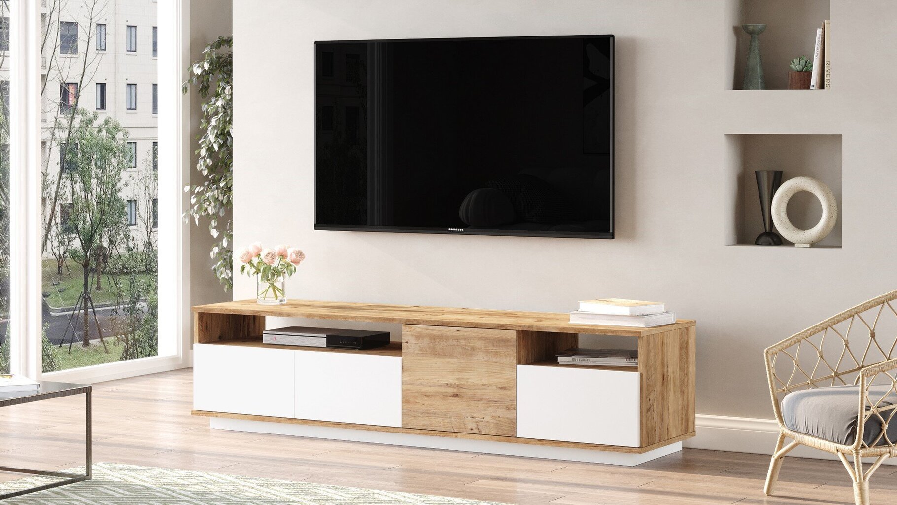 TV-teline Asir, 180x44,6x44,5cm, valkoinen/beige hinta ja tiedot | TV-tasot | hobbyhall.fi