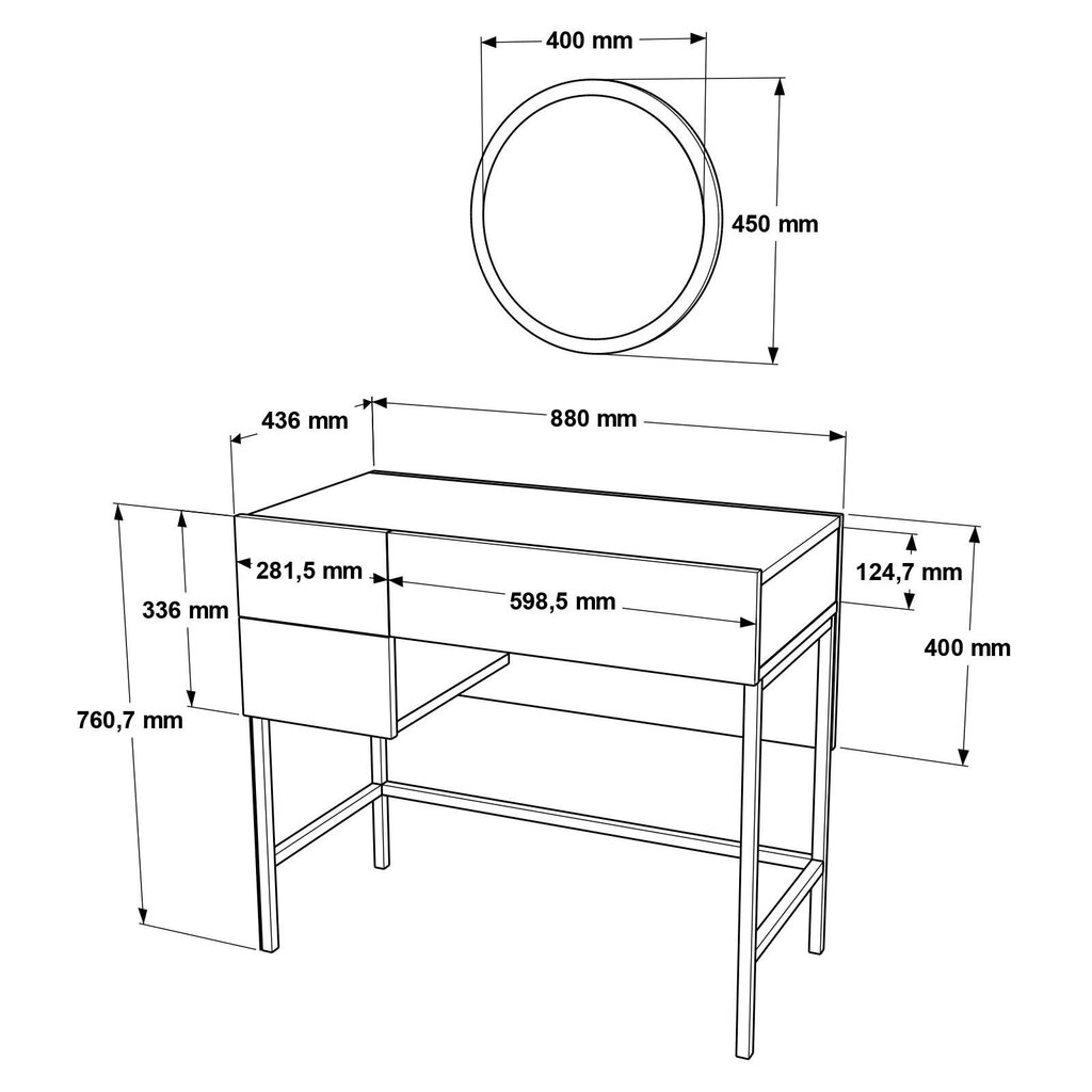 Pukeutumispöytä Asir, 88x76,7x43,6cm, valkoinen/kultainen hinta ja tiedot | Peilipöydät | hobbyhall.fi
