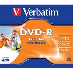 Verbatim DVD-R 4,7GB/16X, jewel Wide Print hinta ja tiedot | Vinyylilevyt, CD-levyt, DVD-levyt | hobbyhall.fi