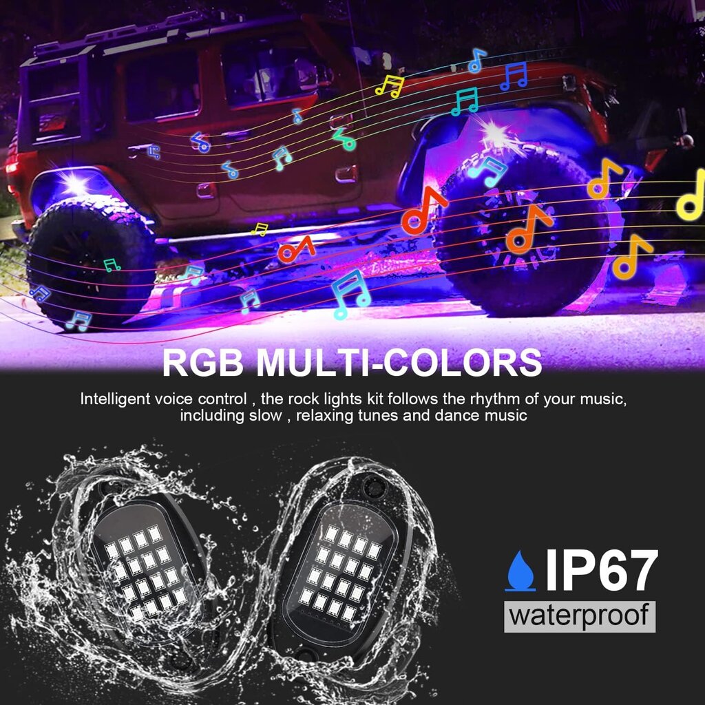 LED RGB-lamput maastoautoihin ja moottoripyöriin Kairiyard, 4kpl, musta hinta ja tiedot | Ajovalot | hobbyhall.fi