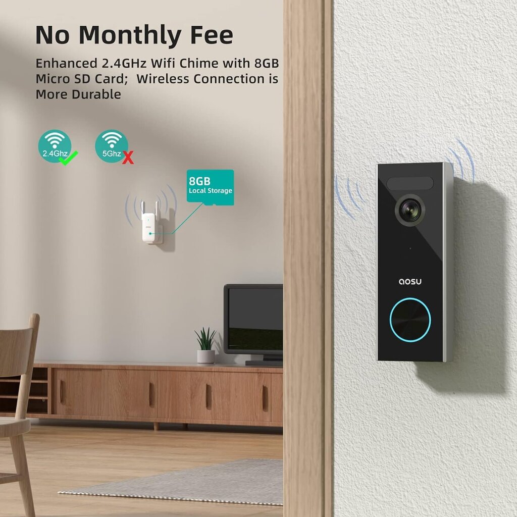 Aosu Camera Doorbell V8P PRO 2K AI Personal Detection toimii Alexan kanssa hinta ja tiedot | Ovikellot | hobbyhall.fi