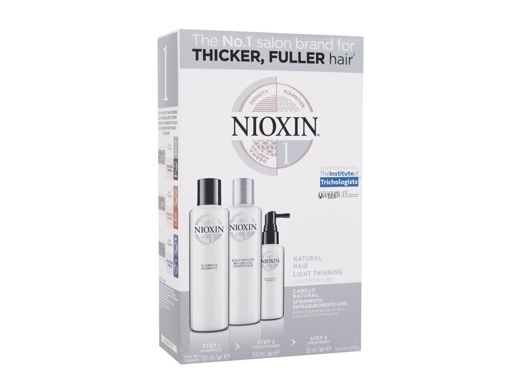 Nioxin System 1: Nioxin Cleanser Shampoo 150 ml + Nioxin Scalp Therapy Conditioner 150 ml + Nioxin Scalp & Hair Treatment, 50 ml -setti oheneville ja hauraille hiuksille hinta ja tiedot | Shampoot | hobbyhall.fi