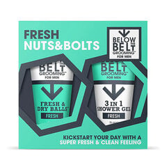 Below the Belt Grooming Fresh Nuts & Bolts -lahjasetti miehille: deodorantti Fresh & Dry Balls Cool, 75 ml + 3 in 1 suihkugeeli, 75 ml. hinta ja tiedot | Below the Belt Grooming Hajuvedet ja kosmetiikka | hobbyhall.fi